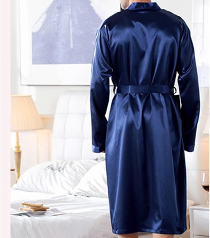 Men's Satin Robe Silky Bathrobe Soft Comfy Casual Bathrobe Fashion Comfy Solid Color Long Loungewear with Pocket