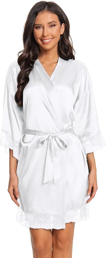 Kihnop Women's Satin Robe Silk Robe Lace Bridal Robes for Bride Bridesmaid Robes Silky Bathrobe Getting Ready Sleepwear