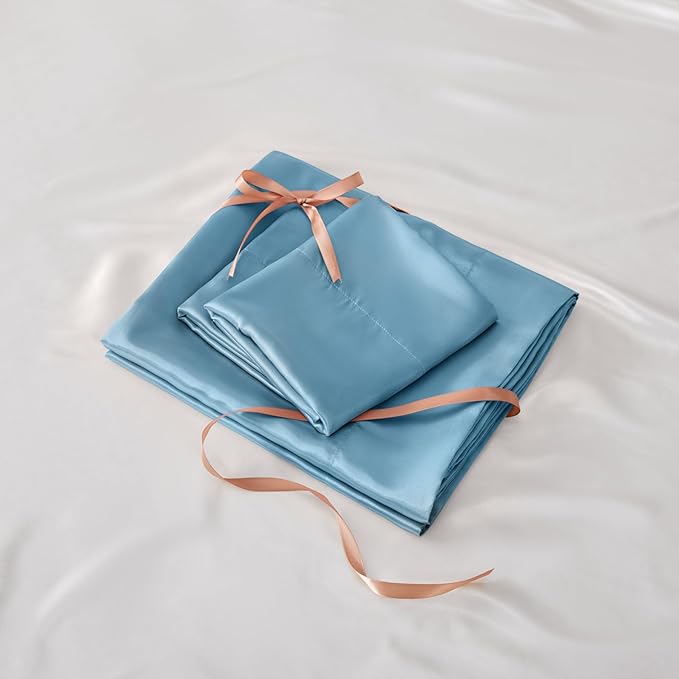 BEDELITE King Size Sheets Set, Luxury Soft Airy Blue Satin Sheets for Hair and Skin, Similar to Silk Bed Sheets Set 4 Pieces with 1 Deep Pocket Fitted Sheet, 1 Flat Sheet, and 2 Pillowcases