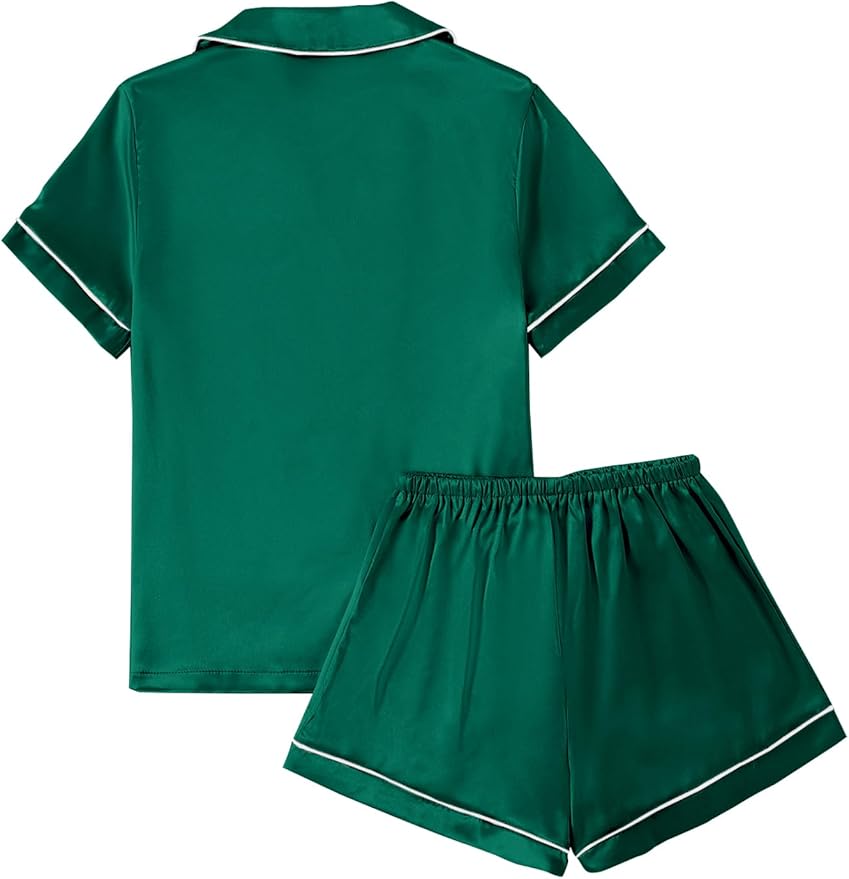 LYANER Women's Silky Satin Pajamas Set Short Sleeve Button Down Shirt With Shorts Pjs Set Sleepwear