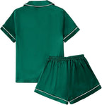 LYANER Women's Silky Satin Pajamas Set Short Sleeve Button Down Shirt With Shorts Pjs Set Sleepwear