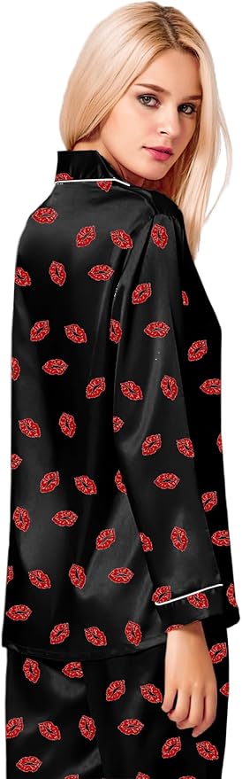 SWOMOG Womens Silk Satin Pajamas Set Long Sleeve Button Down Sleepwear 2 Piece Lounge Set Pj Set XS-3XL