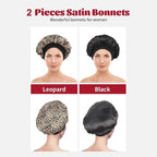ZHENSILK 2Pcs Satin Bonnet for Sleeping, Silk Hair Bonnets, Soft Elastic Band Silk Sleep Cap, Hair Wrap for Women(Black Leopard)