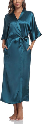 Women's Silk Robes Soft Long Satin Kimono Bathrobe Bride Bridesmaid Wedding Party Robes Sexy Sleepwear with Pockets
