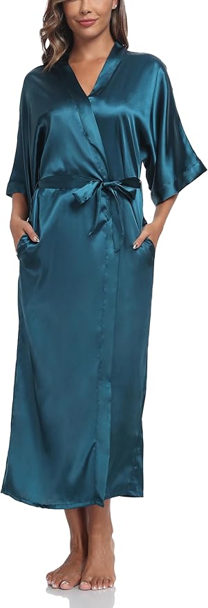 Women's Silk Robes Soft Long Satin Kimono Bathrobe Bride Bridesmaid Wedding Party Robes Sexy Sleepwear with Pockets