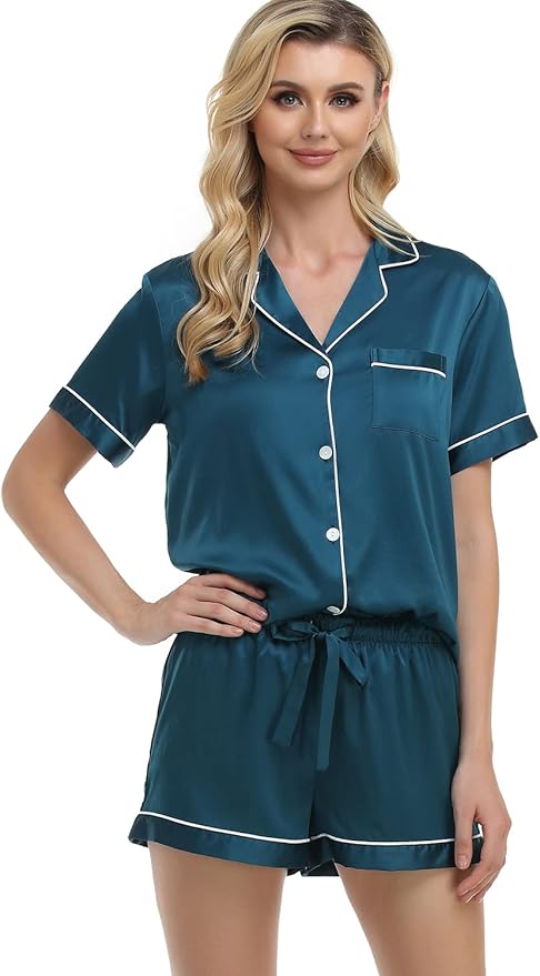 Serenedelicacy Women's Satin Pajama Set 2-Piece Sleepwear Loungewear Button Down Short Sleeve Silky PJ Set