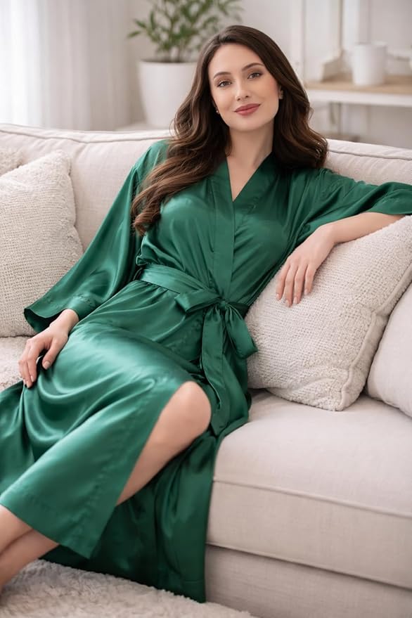 Silk Robes for Women Ankle Length Satin Kimono Robes with Belt Bridemaids Sleepwear Bachelorette Nightgown