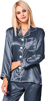 SWOMOG Womens Silk Satin Pajamas Set Long Sleeve Button Down Sleepwear 2 Piece Lounge Set Pj Set XS-3XL