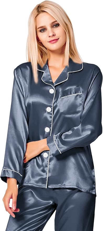 SWOMOG Womens Silk Satin Pajamas Set Long Sleeve Button Down Sleepwear 2 Piece Lounge Set Pj Set XS-3XL