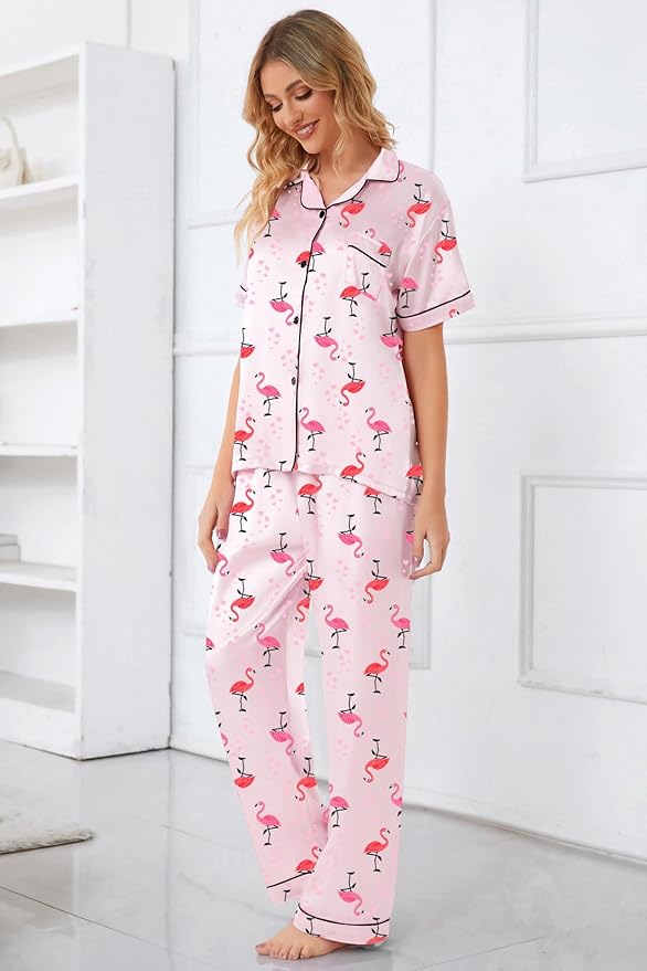 Umeyda Girls Womens Pajamas Set, Satin Silky Button Down Loungewear 2 Piece Short Sleeve Pants PJS Sets for Mommy Kids