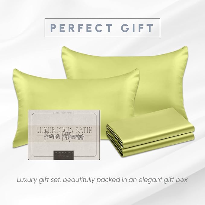 Elegant Comfort 4-Pack Cooling Viscose Satin Pillowcase Set with Hidden Zipper Closure, Silky Smooth for Best Hair and Skin Care-Beautiful Gift Box-4-Piece Satin Pillowcase Set, King, Pistachio Green