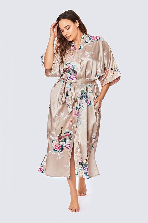 KIM+ONO Plus Size Luxury Kimono Robe for Women | Long Satin Floral Robe | Original Design | Removable Waist Tie Closure