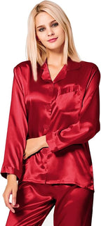 SWOMOG Long Sleeve Pajamas Set Silk Satin Sleepwear Button Down Pjs Loungewear with Pocket