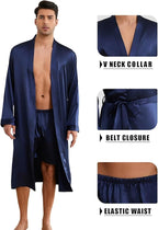 ZUEVI Men's Kimono Robe Set Silk Satin Long Sleeve Bathrobe with Shorts 2 PCS Sleepwear Pjs Sets