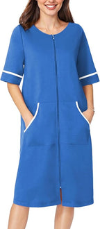 Ekouaer Women Zipper Robe Short Sleeve Duster Housecoat Short Bathrobes Zip Front Nightgown with Pockets S-3XL