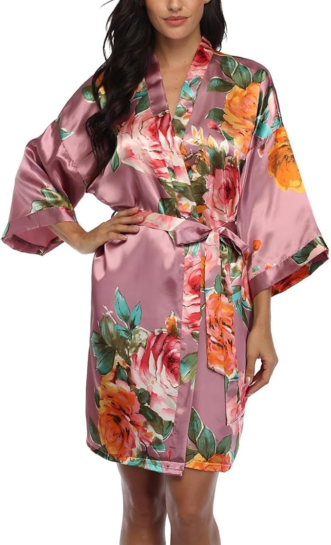 Floral Silk Robes for Women Kimono Satin Short Bath Robe Bridal Dressing Gown Bride Bridesmaids Lightweight Bathrobes