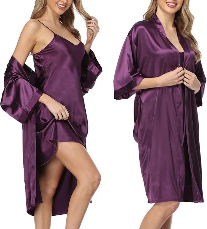 Women's Satin Robe Sets 2 Piece Nightgown Silk Pajama Sexy Floral Lingerie Lace Cami Sleepwear Night Robes