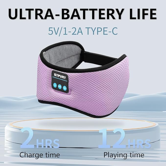 Bluetooth Headphones Headband Eye Mask Wireless Bluetooth Sleep Mask for Side Sleepers Velcro Adjustable Bluetooth 5.3 Speaker Microphones Airplane Travel Light Blocking Music Eye Cover, Purple