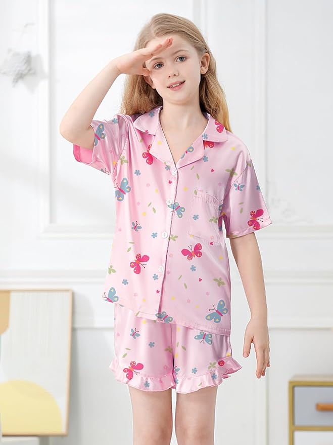 Umeyda Girls & Women Satin Pajamas Set Button Down 2 Piece Silk Pjs Shorts Set Ruffle Sleepwear, 5 Years-Women L