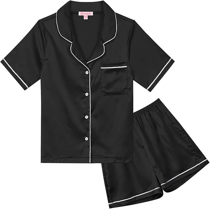 QPANCY Kids Satin Pajamas Sets Baby Boy Girl Button-Down Silk Sleepwear 2 Piece Short Sleeve Loungewear Clothes Set