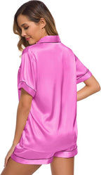 SWOMOG Womens Silk Satin Pajamas Set Short Sleeve Sleepwear Button Down Top and Shorts Loungewear 2 Piece Pjs Set XS-3XL