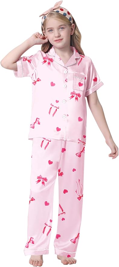 Umeyda Girls Womens Pajamas Set, Satin Silky Button Down Loungewear 2 Piece Short Sleeve Pants PJS Sets for Mommy Kids
