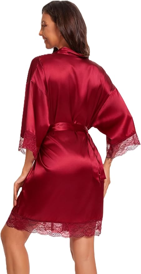 Kihnop Women's Satin Robe Silk Robe Lace Bridal Robes for Bride Bridesmaid Robes Silky Bathrobe Getting Ready Sleepwear
