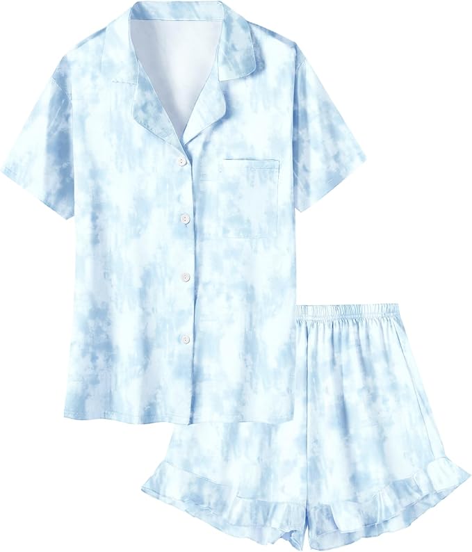 Umeyda Girls & Women Satin Pajamas Set Button Down 2 Piece Silk Pjs Shorts Set Ruffle Sleepwear, 5 Years-Women L
