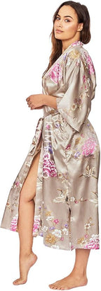 KIM+ONO Plus Size Luxury Kimono Robe for Women | Long Satin Floral Robe | Original Design | Removable Waist Tie Closure