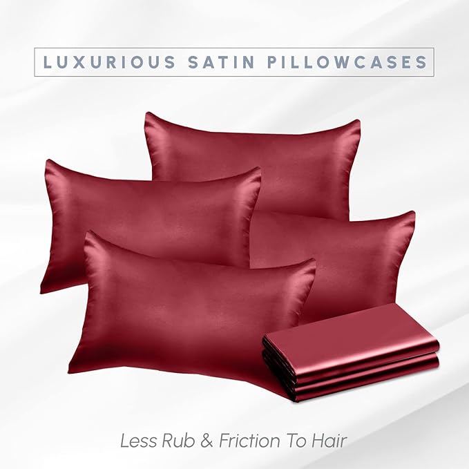 Elegant Comfort 6-Pack Cooling Viscose Satin Pillowcase Set with Hidden Zipper Closure, Silky Smooth for Hair and Skin Care-Beautiful Gift Box-6-Piece Satin Pillowcase Set, Standard/Queen, Burgundy