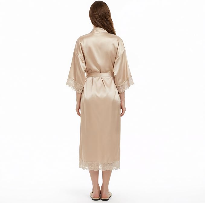 Long Satin Robes for Women Ankle Length Kimono Robes Silky Bridal Party Robes with Lace Trim Bridesmaid Loungewear Sleepwear