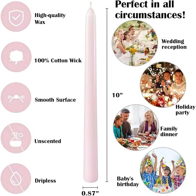 12 Pack 10 inch Pale Pink Taper Candles, Unscented Dripless Smokeless Candlestick Bulk for Home Dinner Wedding Romantic, 7-8 Hours Burn
