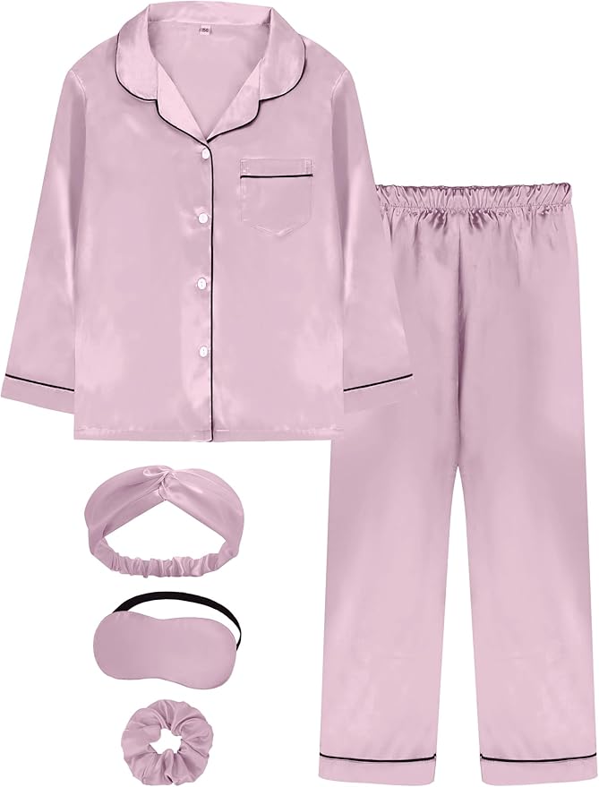 EPLAZA Kids Satin Pajamas Sets Girls Boys Button-Down Silky Pajamas Sleepwear with Hairband Eye Mask Hair Tie