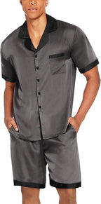 Ekouaer Men Satin Silk Pajamas Set with Pockets Sleepwear Shorts Satin Summer Loungewear 2 Piece Button Down Set S-3XL