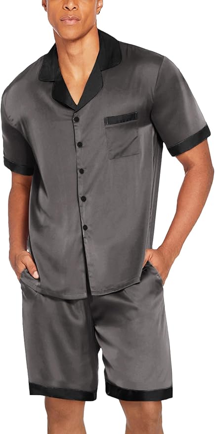 Ekouaer Men Satin Silk Pajamas Set with Pockets Sleepwear Shorts Satin Summer Loungewear 2 Piece Button Down Set S-3XL