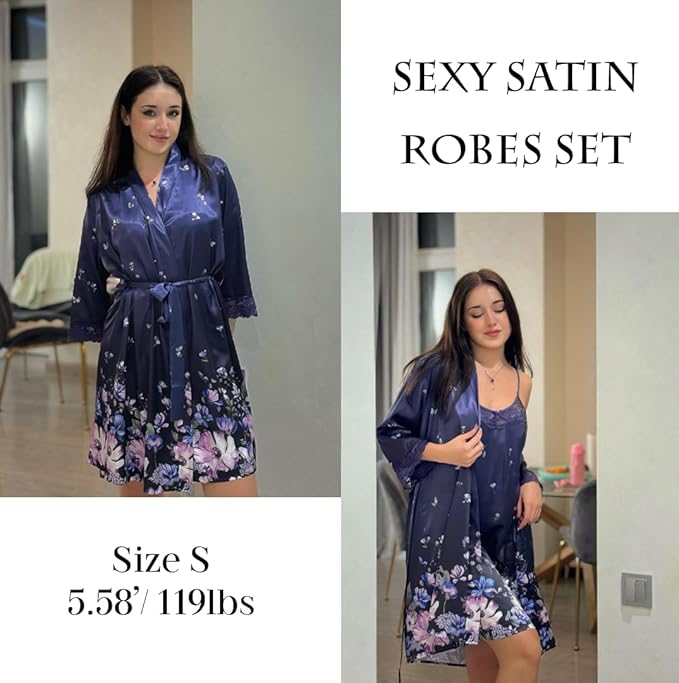 Ekouaer Sleepwear Women's Satin Nightgown with Robes Set 2 Piece Sexy Lace Cami Nightwear