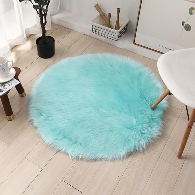 Faux Fur Round Area Rug Soft Fuzzy Carpet Fluffy Plush Mat Home Floor Decoration for Bedroom Living Room Bedside Lake Blue 23.6inch