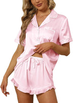 SAPJON Satin Silk Pajamas for Women 2Pcs Ruffle Notch Collar Sleepwear Button Down Short Sleeve Shorts Pjs Set Loungewear