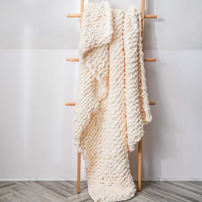 vctops Boho Chenille Chunky Knit Throw Blanket Super Soft Warm Cozy Hand Knit Blankets for Couch Bed Sofa Chair (Cream,31"x39")