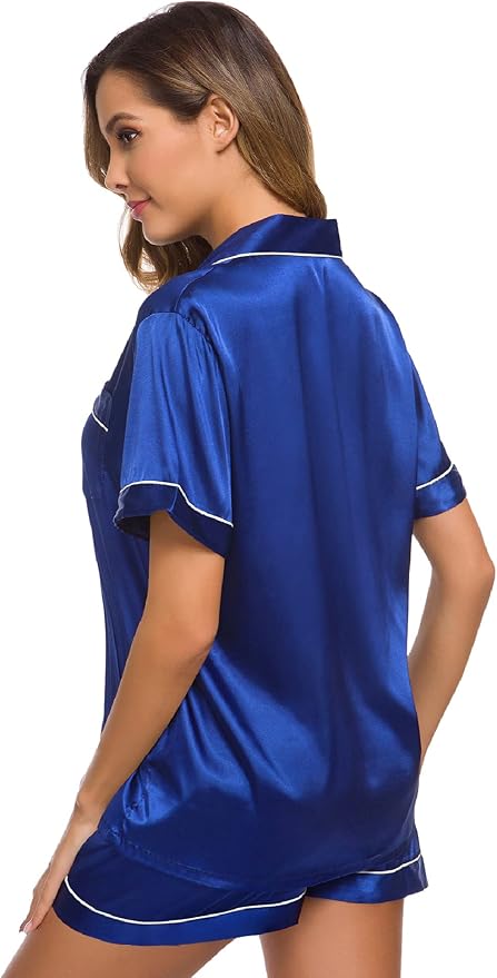 SWOMOG Womens Silk Satin Pajamas Set Short Sleeve Sleepwear Button Down Top and Shorts Loungewear 2 Piece Pjs Set XS-3XL