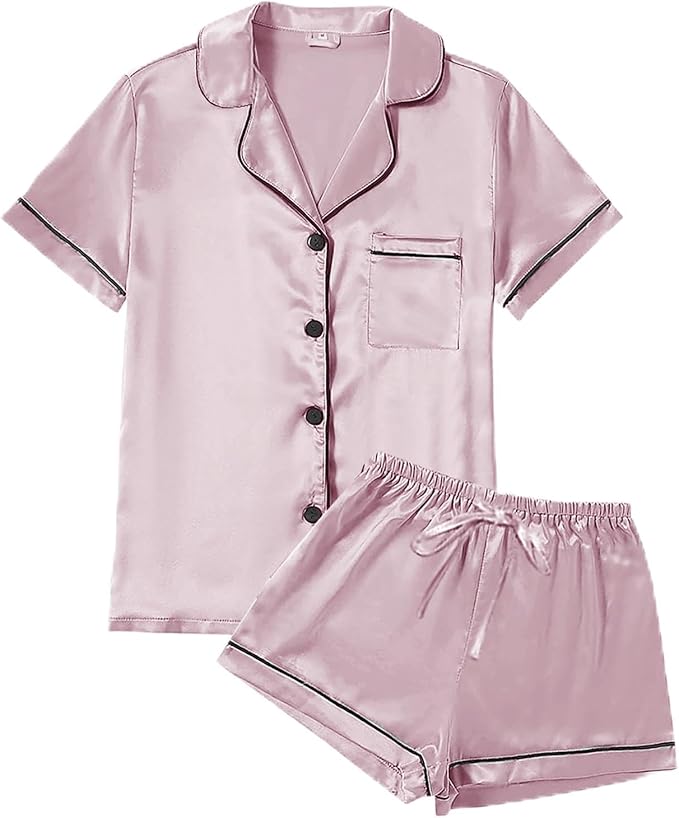 WJing Yi Jia 4Pcs Womens Satin Silky Pajama Sets Short Sleeve Shirt XS-4XL Floral Pajamas Set Soft PJ Loungewear Sleepwear