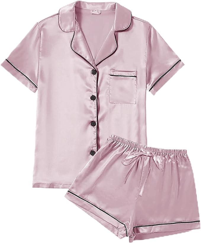 WJing Yi Jia 4Pcs Womens Satin Silky Pajama Sets Short Sleeve Shirt XS-4XL Floral Pajamas Set Soft PJ Loungewear Sleepwear