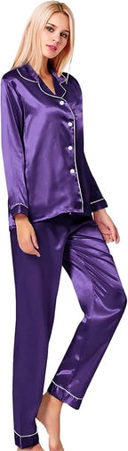 SWOMOG Womens Silk Satin Pajamas Set Long Sleeve Button Down Sleepwear 2 Piece Lounge Set Pj Set XS-3XL