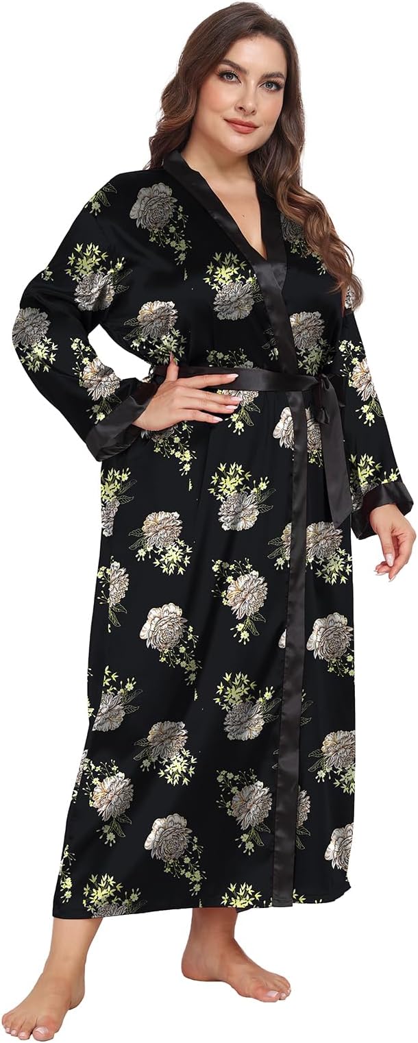 Womens Plus Size Silky Satin Kimono Robe Floral Long Bathrobe Wedding Sleepwear Dressing Gown
