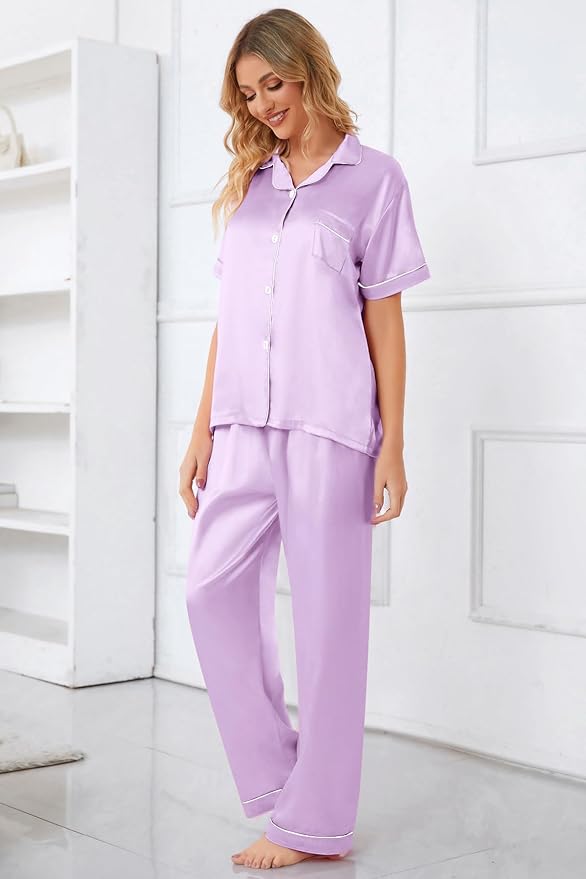 Umeyda Girls Womens Pajamas Set, Satin Silky Button Down Loungewear 2 Piece Short Sleeve Pants PJS Sets for Mommy Kids