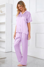 Umeyda Girls Womens Pajamas Set, Satin Silky Button Down Loungewear 2 Piece Short Sleeve Pants PJS Sets for Mommy Kids