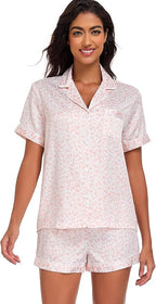 Serenedelicacy Women's Satin Pajama Set 2-Piece Sleepwear Loungewear Button Down Short Sleeve Silky PJ Set
