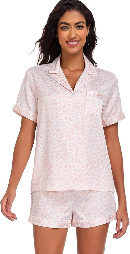 Serenedelicacy Women's Satin Pajama Set 2-Piece Sleepwear Loungewear Button Down Short Sleeve Silky PJ Set