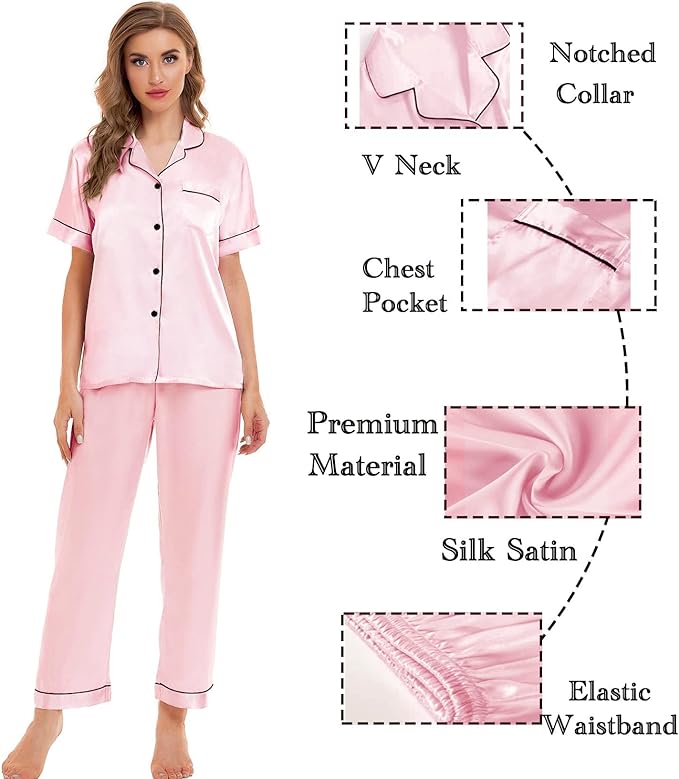 SWOMOG Women Satin Pajamas Set Short Sleeve Top & Pants Sleepwear Silky Button Down Nightwear 2pcs Loungewear Pjs Set
