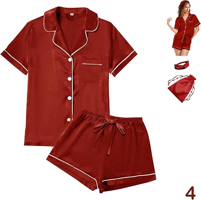 WJing Yi Jia 4Pcs Womens Satin Silky Pajama Sets Short Sleeve Shirt XS-4XL Floral Pajamas Set Soft PJ Loungewear Sleepwear